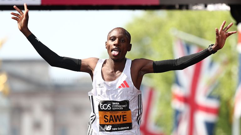 Sabastian Sawe of Team Kenya celebrates winning the London Marathon
