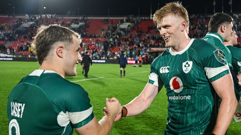 Ireland captain Craig Casey congratulates Tommy O'Brien (right) after his two-try debut